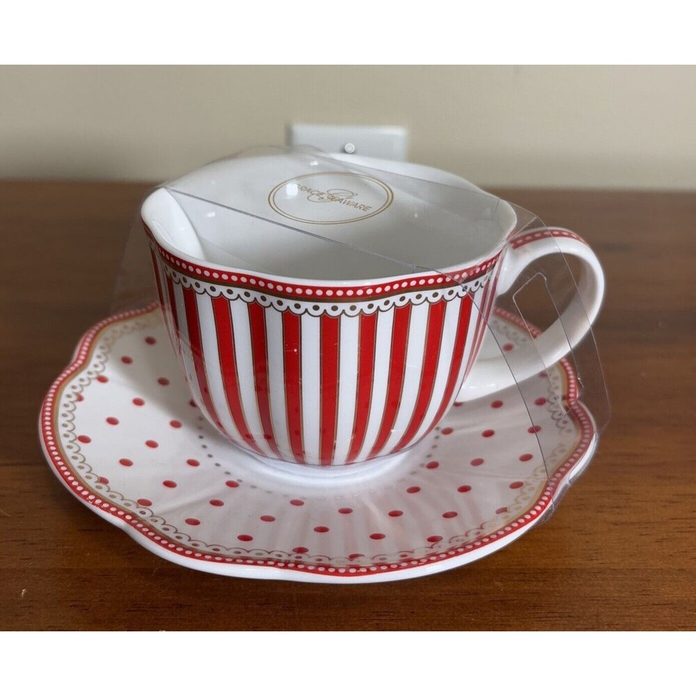 Grace Teaware Red Stipes and Polk Dots Tea/Coffee Cup and Saucer, New